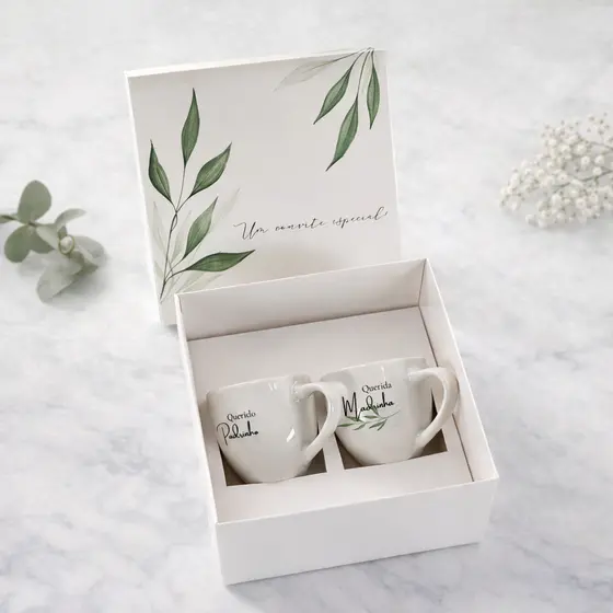 Caixa com Xícara de porcelana para padrinhos de casamento personalizada