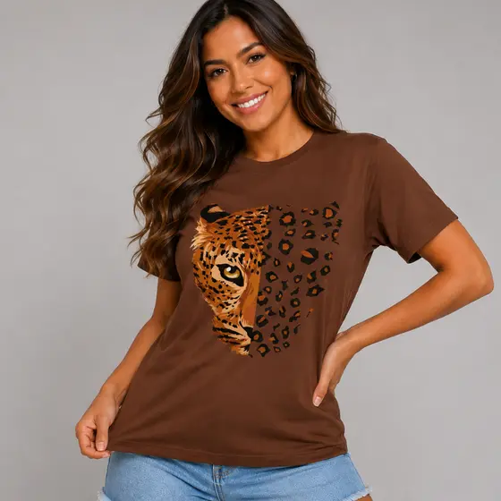 Camiseta Feminina Onça Animal Print Leopardo Estampada T Shirt Blusa Feminina Manga Curta Preta Marrom Moda Casual