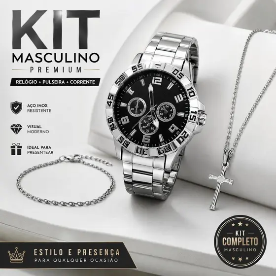 Kit Masculino Completo Relógio + Corrente Crucifixo + Pulseira Acessórios Masculinos