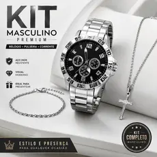 Kit Masculino Completo Relógio + Corrente Crucifixo + Pulseira Acessórios Masculinos