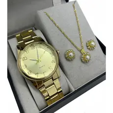 Relógio Feminino dourado aço inox + Colar e brinco dourado Conjunto luxo