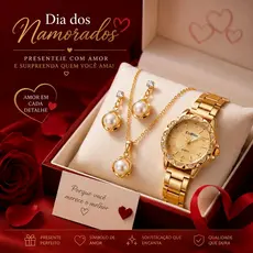 Kit feminino Relógio dourado aço inox + Colar e brinco dourado