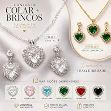 Conjunto Colar e Brincos Feminino Coração Zircônia Luxo Presente