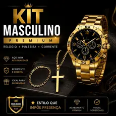 Kit Relógio Masculino Premium Dourado + Corrente + Pulseira