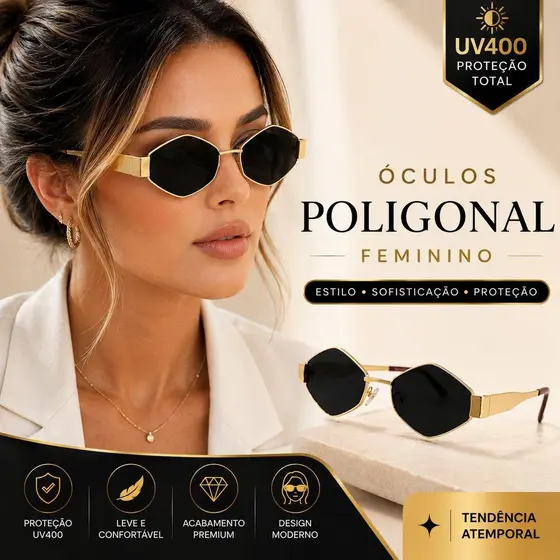 Óculos de Sol Feminino Poligonal UV400 Luxo Premium