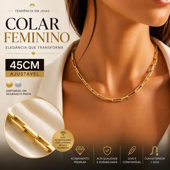Colar Feminino Retangular Dourado Corrente Luxo Ajustável 45cm