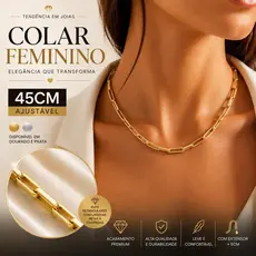 Colar Feminino Retangular Dourado Corrente Luxo Ajustável 45cm