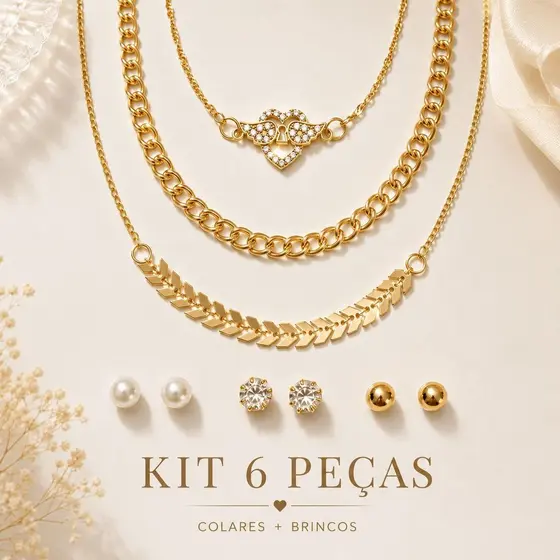 Kit Feminino 6 Peças Luxo Colares e Brincos Dourados Elegante Premium