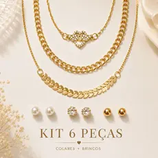 Kit Feminino 6 Peças Luxo Colares e Brincos Dourados Elegante Premium