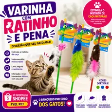 Brinquedo para Gatos Interativo Varinha para Gato com Ratinho e Pena