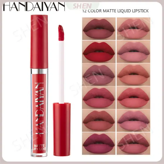 HANDAIYAN Matte Matte Liquid Lip Gloss 12 cores à prova d'água duradouro copo antiaderente batom brilho labial