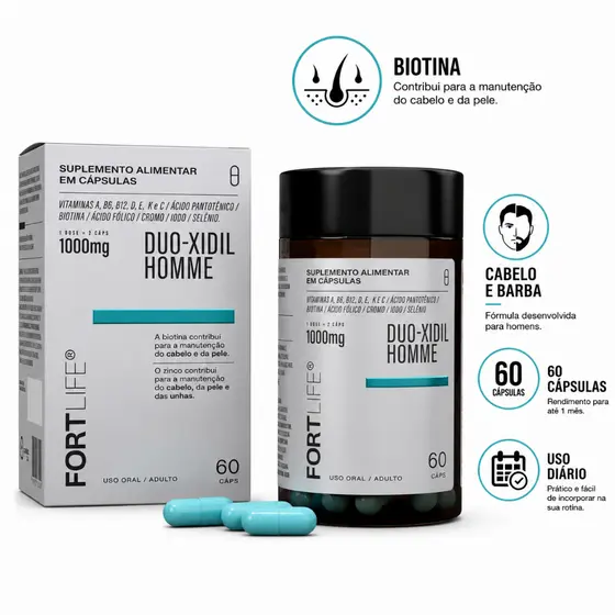 Biotina Vitaminas Para Cabelo e Barba Duo-Xidil Homme 1000mg 60 Cápsulas FortLife Suplemento Capilar