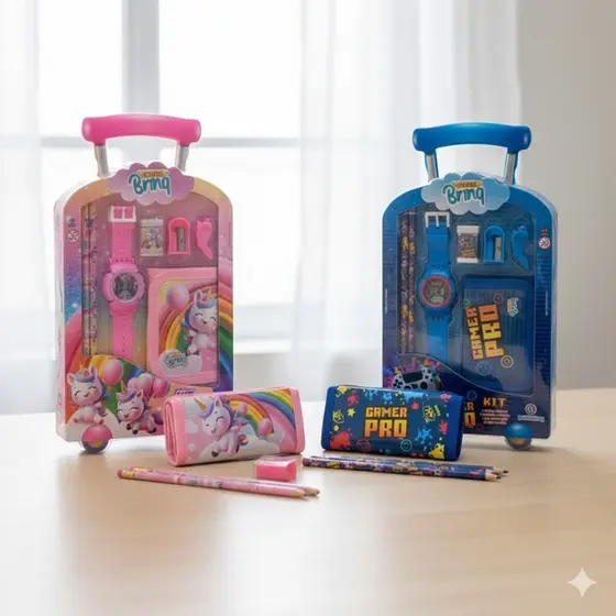 KIT ESCOLAR 6 ITENS COM CARTEIRA E RELOGIO - POLIBRINQ