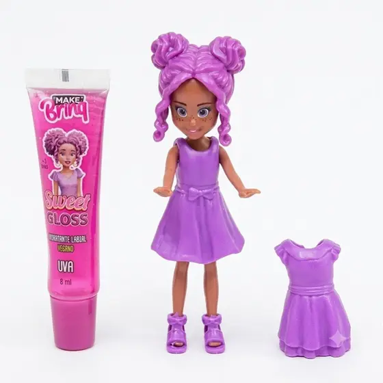 KIT BONECA MINI FRIENDS CHEIRINHO + ROUPINHA E GLOSS ROXO - POLIBRINQ