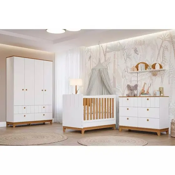 Quarto Infantil Bebê Completo Biscoito com Roupeiro 100% MDF Branco/Nature - Permóbili Baby