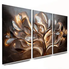 kit completo quadros decoração moldura sala árvore da vida folhas dourado