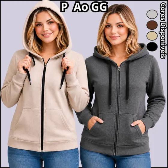 Blusa Moletom Feminino Casual Para Frio com Jaqueta Zíper Capuz e Bolsos P Ao GG