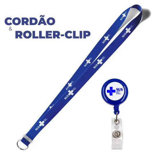 Kit Sus Cordão e Roller Clip Resinado Azul e Branco Porta Crachá