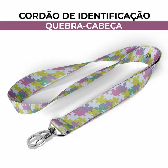 Cordão Identificação Autismo Quebra-Cabeça Roxo Argola Mosquete Jacaré Porta Crachá