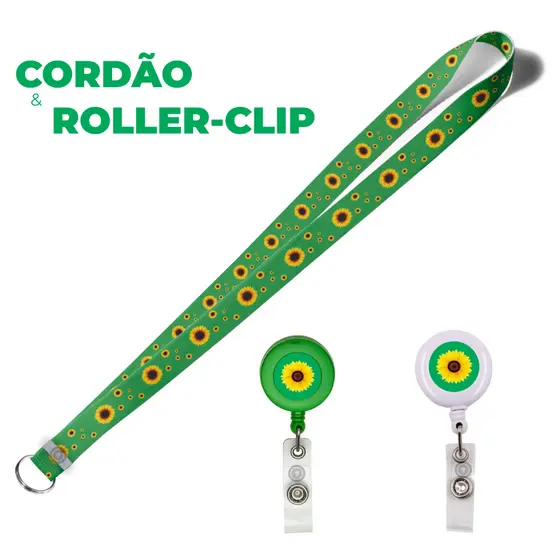 Kit Cordão e Roller Clip Girassol Resinado Deficiências Ocultas Porta Crachá