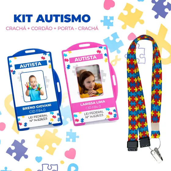 Crachá Autismo Cordão Quebra-Cabeça com Trava de Segurança e Capinha Protetora