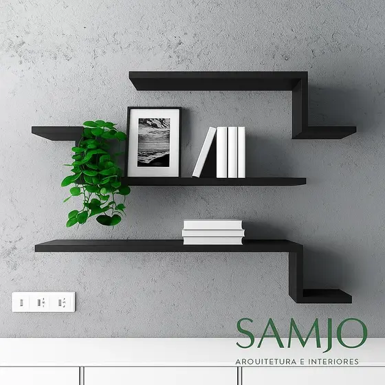 Kit com 3 Prateleiras Z de Parede – MDF Preto | Ideal para Quarto, Sala e Banheiro