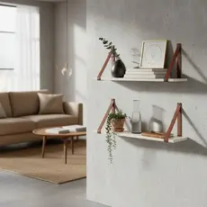 Kit de Prateleiras em MDF com Alça de Couro – Decorativas. Sala, Quarto e Escritório, Envio Imediato