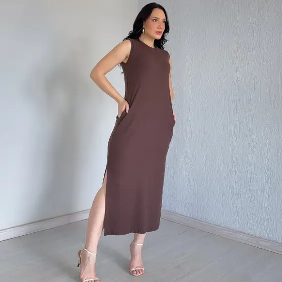 Vestido Cavado Ribana Canelada Premium Longo Toque Algodão
