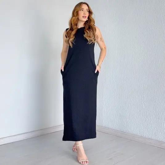 Vestido Longo Cavado C/Bolso 100% Algodão Premium