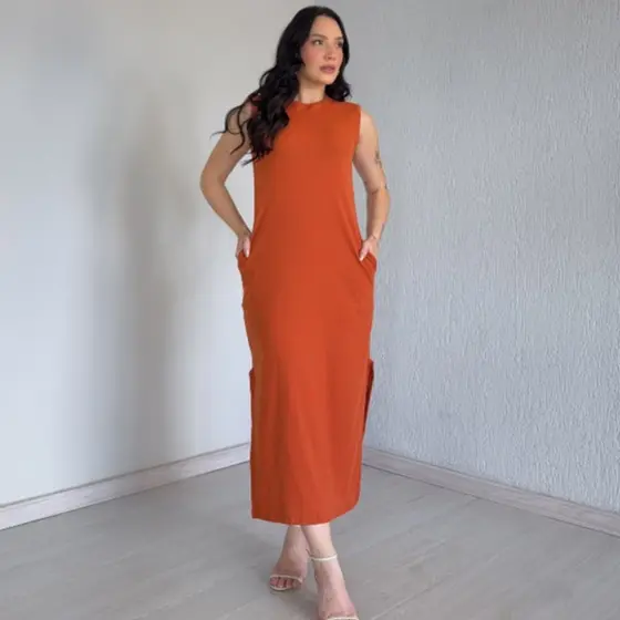 Vestido Cavado Longo Ribana Premium Com Bolso E Fenda Confort