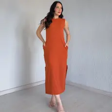 Vestido Cavado Longo Ribana Premium Com Bolso E Fenda Confort