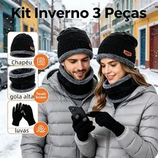 Kit Inverno 3 Peças Conjunto Inverno Touca de Lã Pelúcia Interna Gola Térmica Luva Sensível ao Celular Masculino Feminin