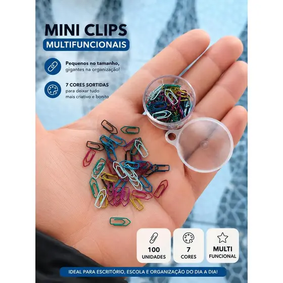 MINI CLIPS DE AÇO METALIZADO PARA PAPEIS NÚMERO 5 C/100 UND 7 CORES ACC