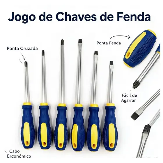 Jogo De Chaves De Fenda E Philips Com 6/4 Peças em Aço - Cabo emborrachado e pontas imantadas