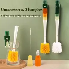 Escova Multifuncional 5 em 1 - Ferramenta de Limpeza com Cabo Longo para Canudos e Copos, Cuidado Sem Esforço