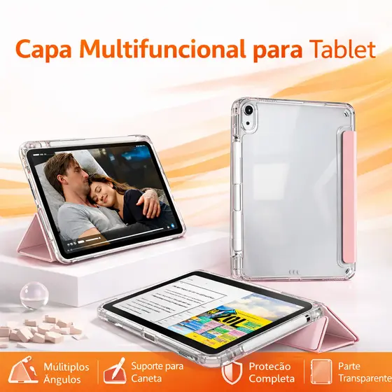Capa Transparente para iPad 11 A16 (11") e iPad 10 (10.9") com Suporte para Caneta e Sono Automático