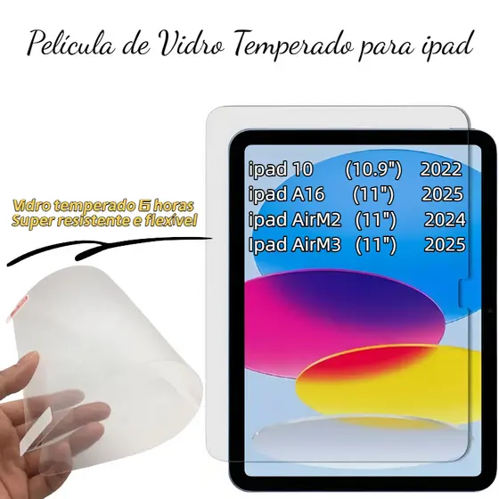 Película de Vidro Temperado para iPad 10/11 (A16) e iPad Air M2/M3 ,Ultra Resistente, 9H, Toque Preciso