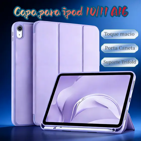 Capa para iPad A16/10/9/8/7 com Porta Caneta, Suporte Trifold, Smart Folio, Proteção Completa