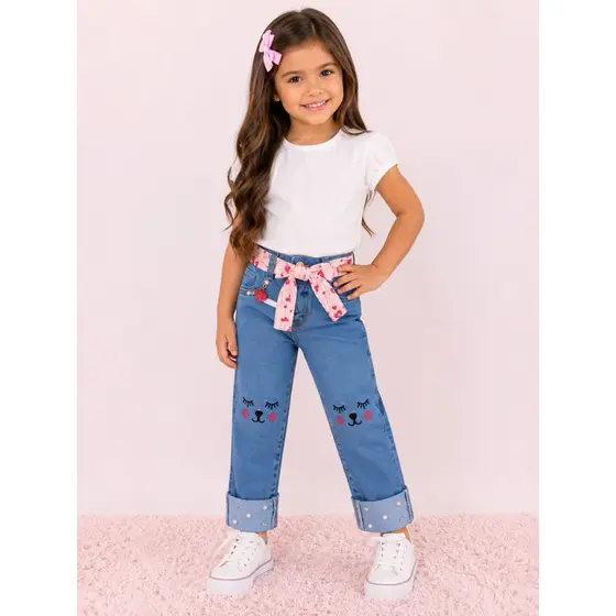 Calça jeans infantil gatinha luxo com cintinho para meninas