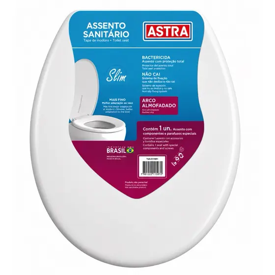 Assento Sanitário Astra Slim Almofadado Universal Oval Branco Tampa Vaso Banheiro Antibacteriano Confortável