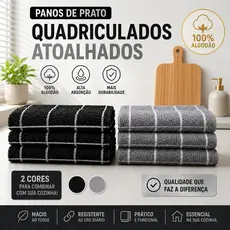 Kit 5 e 10 Pano de Prato Copa Felpudo Atoalhado 100% Algodão Quadriculado Preto e Prata