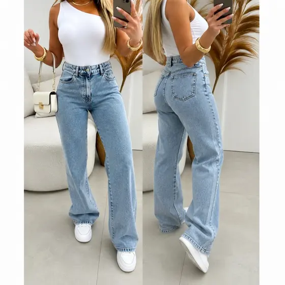 Calça Jeans Wide Leg Feminina Cintura Alta Tecido Grosso Marmorizado Estilosa