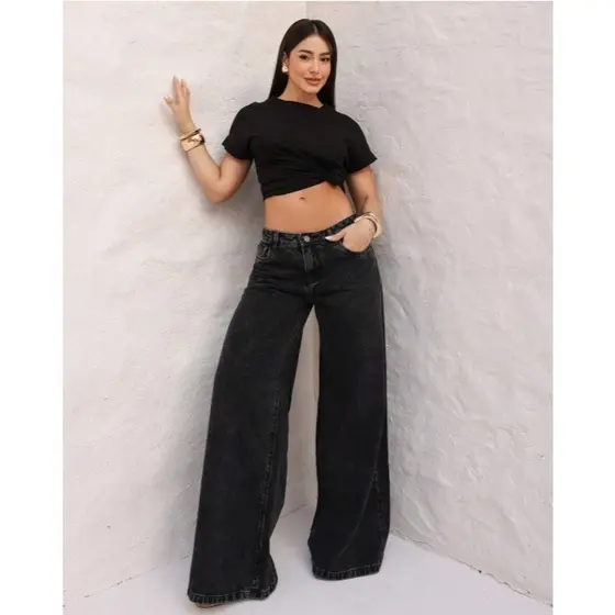 Calça Wide Leg Jeans Feminina Cintura Media Moderna Pronta Entrega Premium