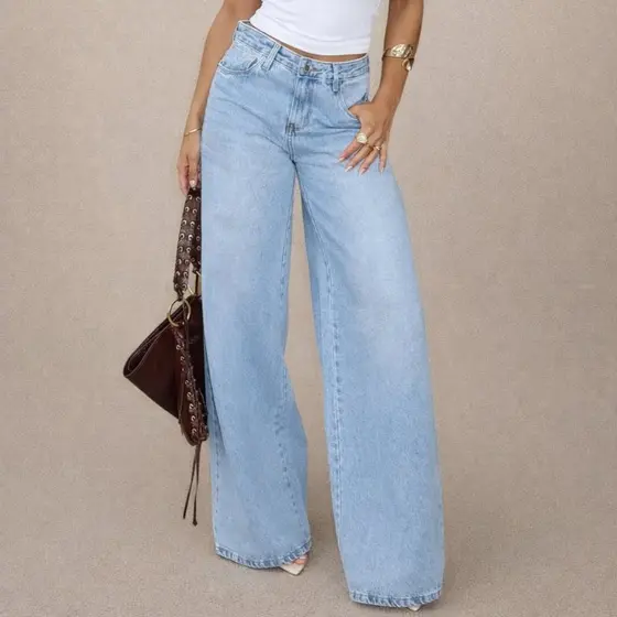 Calça Jeans Feminina Wide Leg Cintura Alta Pantalona 100% Algodão Premium Lavagem Clara Soltinha