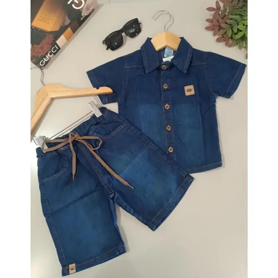 Conjunto Jeans Infantil Estiloso Camisa com Botões + Bermuda com Cadarço | Conforto e Qualidade