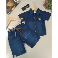 Conjunto Jeans Infantil Estiloso Camisa com Botões + Bermuda com Cadarço | Conforto e Qualidade