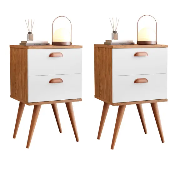 Mesas De Cabeceira Com Pés Palito Retro 2 Gavetas Quarto Casal Kit com 2 ou Unitario