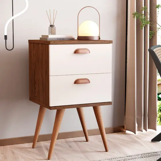 Mesa De Cabeceira New Candy Com 2 Gavetas Retrô e Pés Palito Corrediças Metálicas
