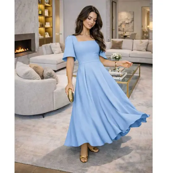 Vestido Evangélica Longo  Elegante Com  Manga Duna