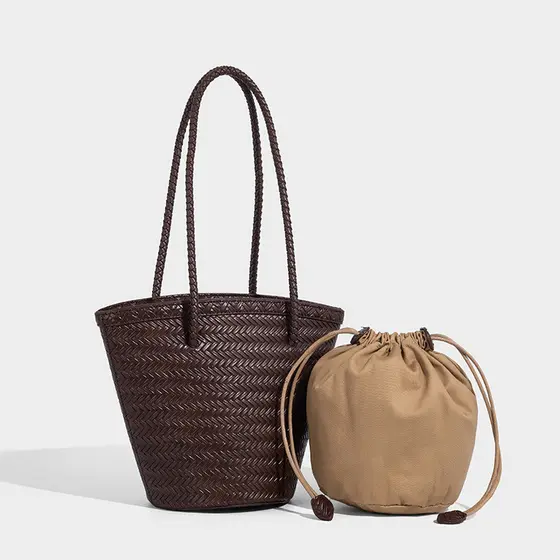 Bolsa de tecido exclusiva, nova bolsa de verão 2025, bolsa cesta da moda, balde retrô francesa, de ombro par